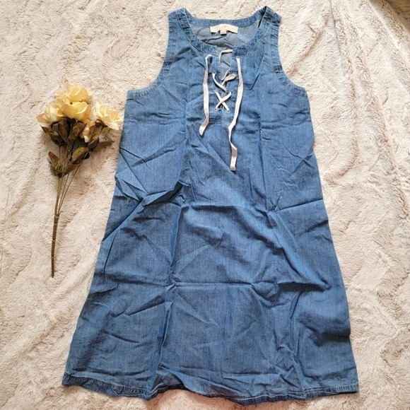 Loft 100% Cotton Blue Denim Style Lace Up Collar Sleeveless Dress XS - Picture 1 of 9